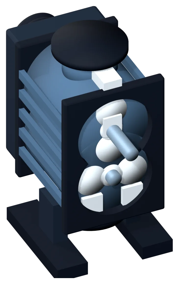 3D model of a Roots blower: figure-eight rotors visible through the casing window