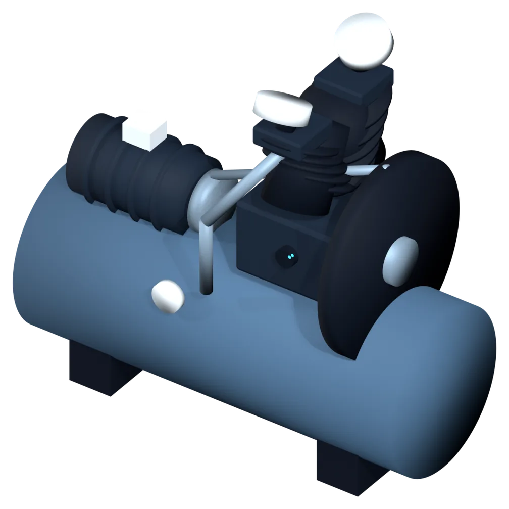 3D model of a reciprocating compressor with receiver, flywheel and belt drive