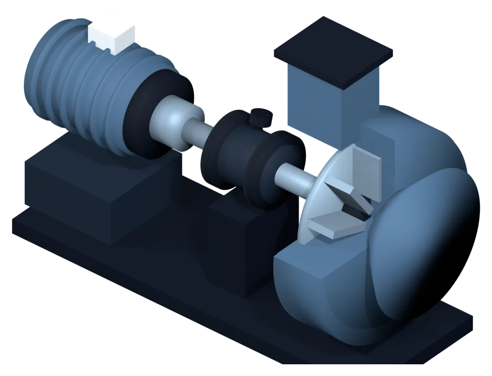 3D model of a centrifugal fan: volute with impeller in cutaway, drive train