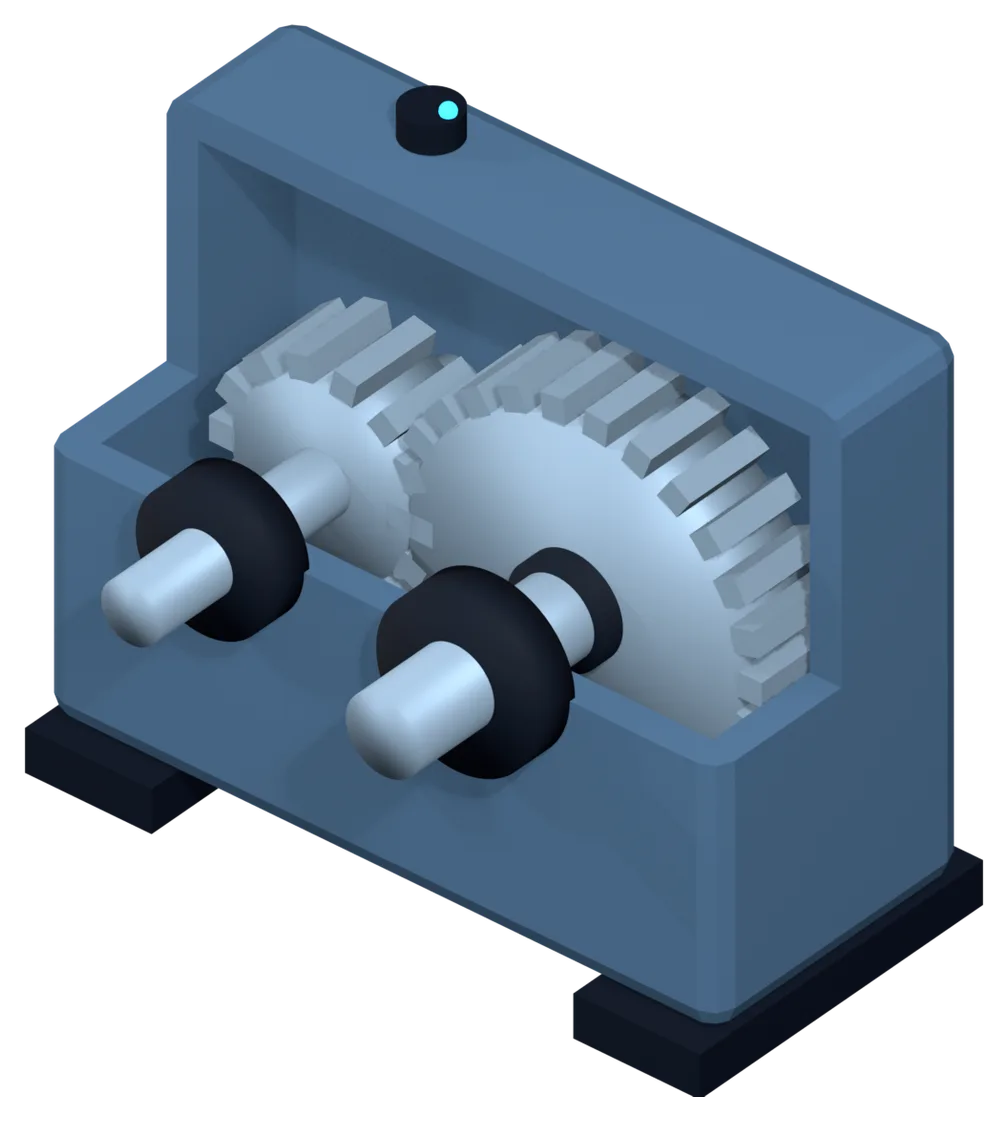 Cutaway 3D model of a gearbox: gear pair, bearing assemblies, vibration sensors