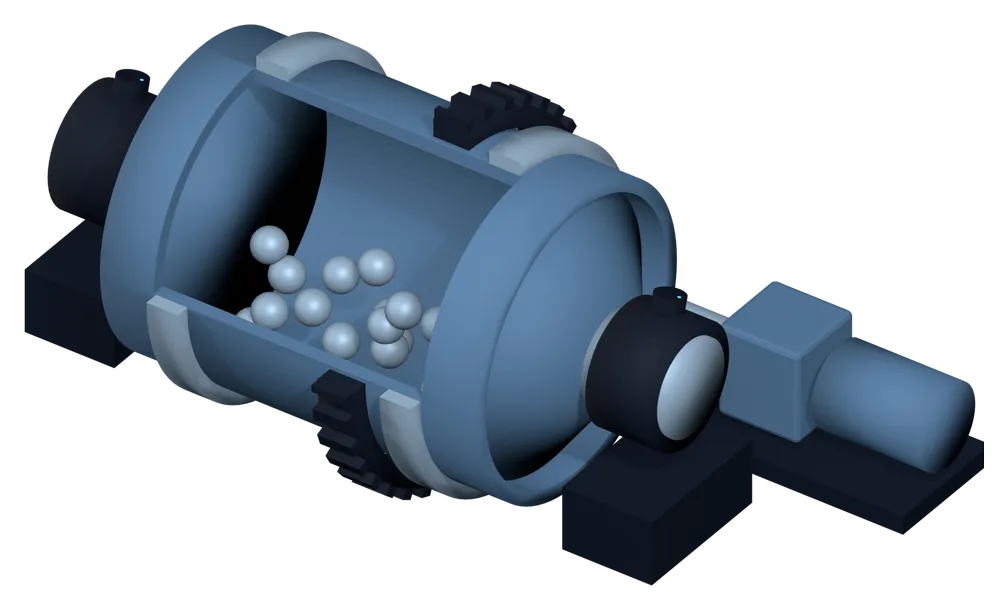 3D model of a ball mill: drum with balls in cutaway, girth gear, drive