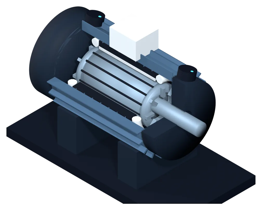 Cutaway 3D model of a TEFC electric motor: stator, rotor, windings, sensors