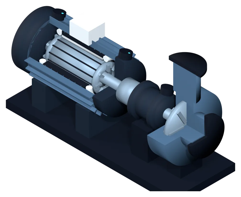3D model of a pump set: motor, coupling, centrifugal pump with a volute cutaway