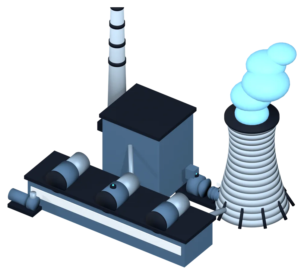 3D model of a CHP plant: hyperbolic cooling tower with a steam plume, chimney, turbine hall with turbo-generators, boiler house